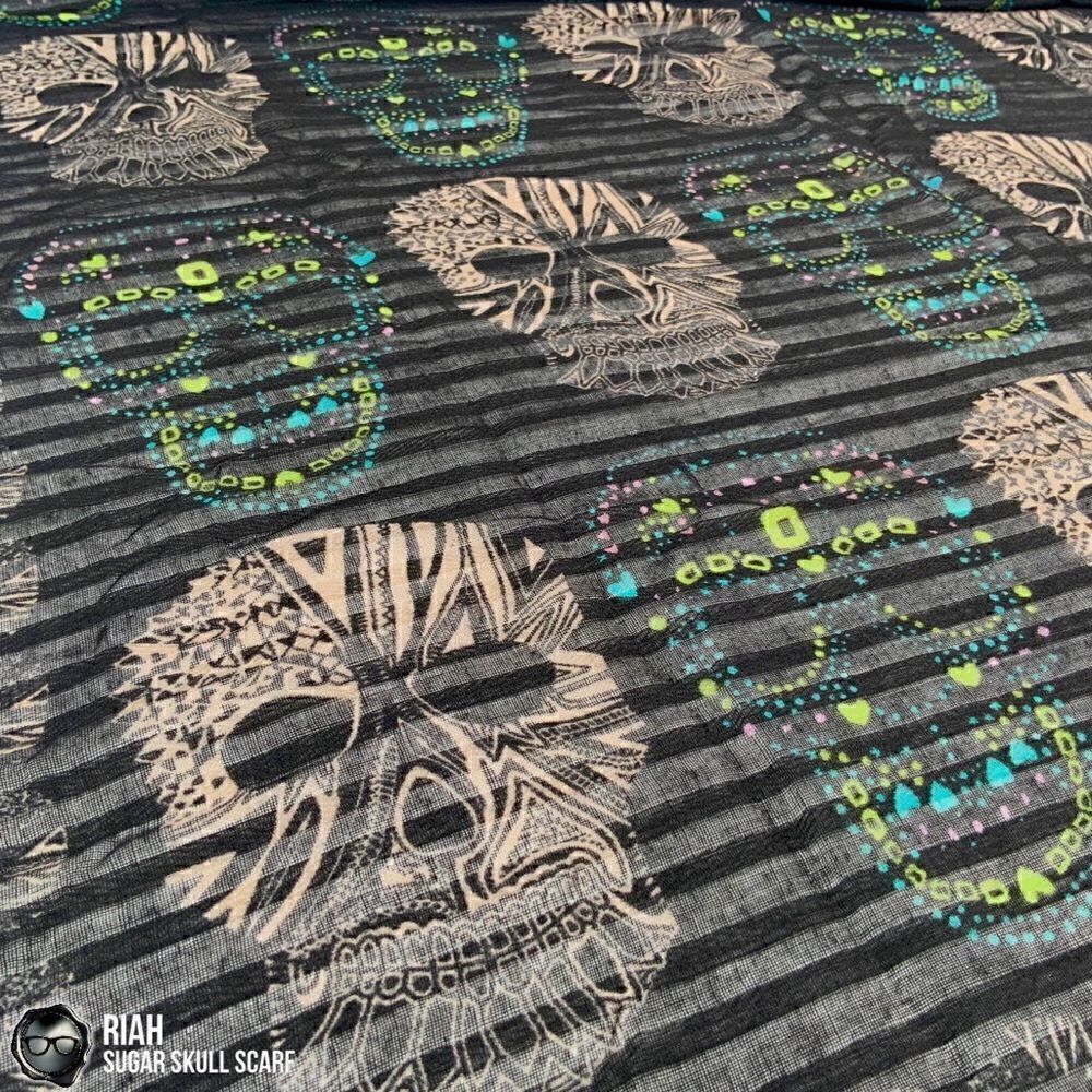 LIGHTWEIGHT GAUZY SUGAR SKULL PRINT SCARF WRAP SHAWL IN BLACK HALLOWEEN MUERTOS - Picture 7 of 12